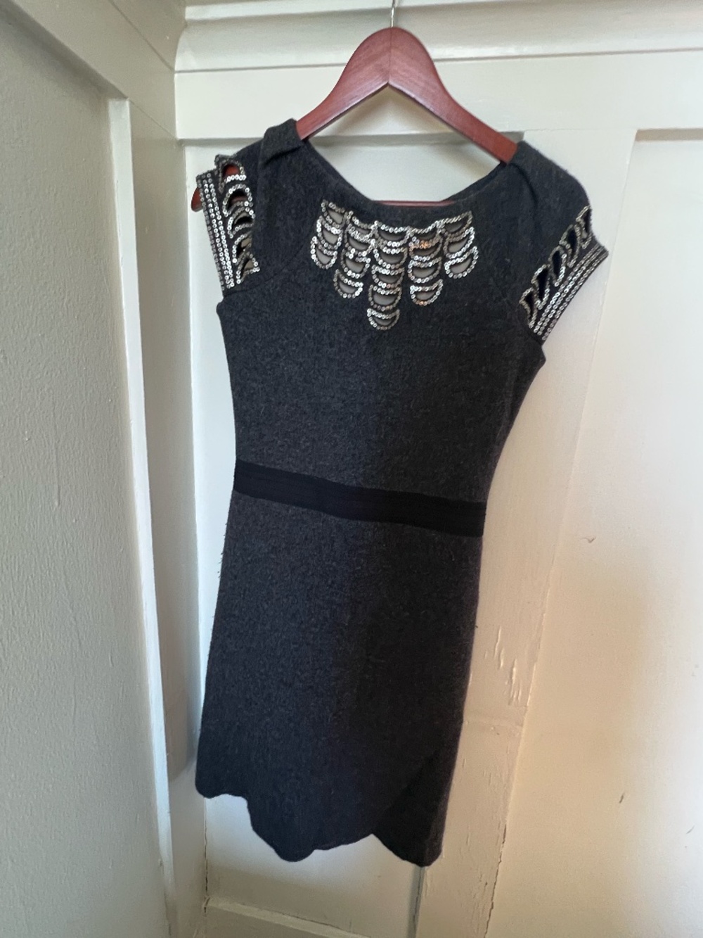 Tory Burch Embellished Wool Blend Fit & Flare Dress XS Gray Beaded Shoulder